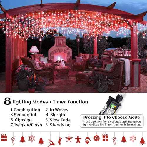 132ft Icicle Lights for Outside, Red and White Christmas Lights Outdoor Indoor, 1280 LED Twinkle With 240 Drops Short Curtain for Thanksgiving Room Home Wall Bedroom Window Decoration