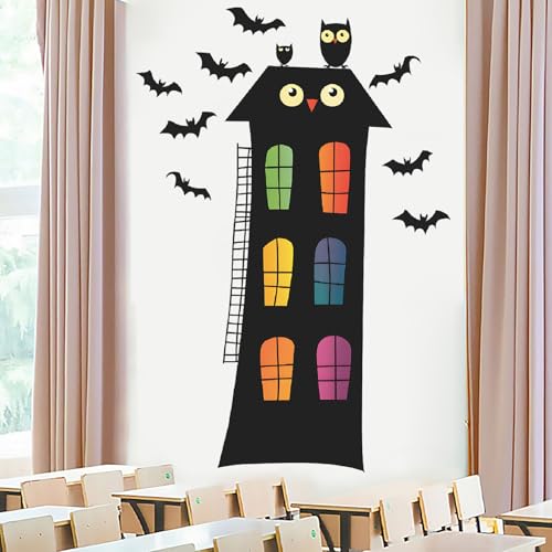 Spooky Halloween Door Stickers 24x35.4 inch Removable Black Owl Bats Decal Haunted House Decor for Front Door Kids Room Instant Spooky Season Decor