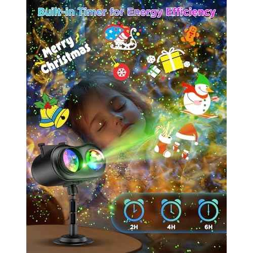 Christmas Projector Lights Outdoor Waterproof, 10 Slides x 8 Bright HD Patterns, Firefly & Ocean Wave Effects, Timer Snowflake Light Projector for House Yard Xmas New Year Valentine¡¯s Thanksgiving