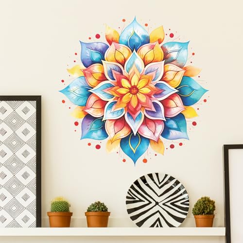 Large Mandala Wall Decal Blue Lotus Flower Wall Sticker Removable Indian Namaste Vinyl Wall Art Mural for Yoga Meditation Living Room Bedroom TV Sofa Background Decors (B404)