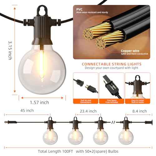 Kawaya Outdoor String Lights 100 FT LED Patio Light with 50+2 Shatterproof Edison Globe Bulbs - IP65 Waterproof Dimmable Hanging Lights - 2700K Warm White Lighting for Outside Porch Deck Bistro Cafe