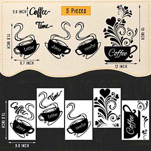 Chinco 5 Pieces Coffee Cup Wall Stickers Kitchen Wall Decals Black Coffee Mug Latte Java Mocha Sticker Kitchen Decor for House Art Home Bar Station