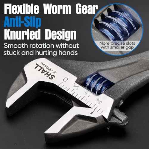 SHALL 6 Inch Adjustable Wrench, Cr-V Steel Spanner with Cushion Grip, Wide Jaw Black Oxide Wrench with Laser-etched SAE Scales for Home, Garage, Workshop and DIY