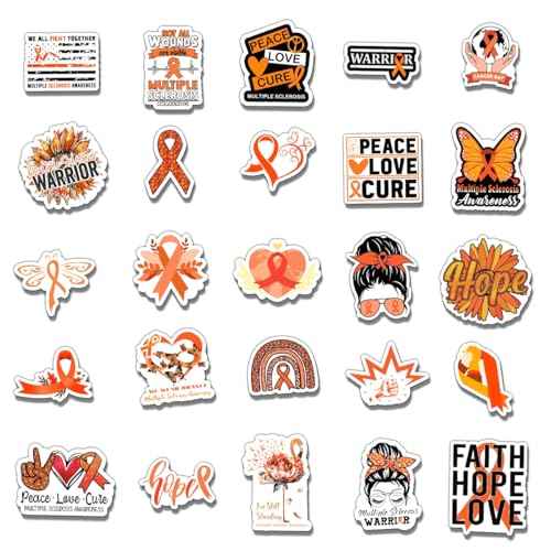50 Pack Pcs Multiple Sclerosis Awareness Orange Ribbon Stickers for Water Bottles Waterproof Vinyl Laptop Luggage Inspirational Sticker Packs Adults Teens Aesthetic Small Decals
