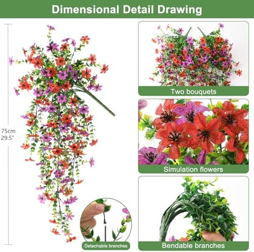 Artificial Hanging Flowers Plants for Outdoor Spring Summer Decoration,2 PCS Faux Silk Daisy with Eucalyptus Leaves,UV Resistant Look Real for Outside Home Planter Porch Patio Balcony Yard Decor