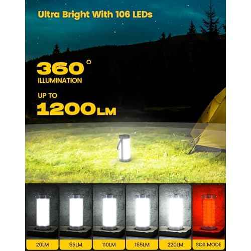 Glocusent 106 LED Camping Lantern Rechargeable, Up to 80Hrs, 5000mAh Lantern with 5 Brightness 3 Modes & SOS, IP68 Waterproof, Max 1200LM, Camping Light for Power Outages Hiking Emergency Hurricane
