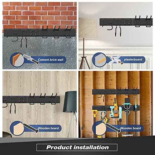 Garage Tool Storage Rack, Heavy Duty Garage Storage Organizer Rack System Wall Mounted Tool with 6 double hooks, 2 rails, Garden Yard Tools Hanger Rack for Ski Gears, Broom, Rake,Shovel