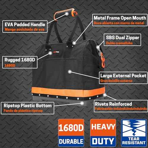 Wide Mouth Tool Bag, 16 Inch Heavy Duty Tool Bag with Waterproof Plastic Bottom, Multiple Purpose for Plumbers, Electricians, Handymen