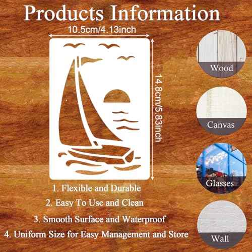 12pcs Sea Ocean Sailing Boat Seagull StencilNautical Sailboat Painting Stencils with Paint Brush Summer Sea Wave Fish Cloud Template for DIY Craft Furniture Wood Canvas