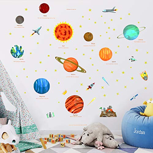 Planets in The Space Kids Wall Decals Space Wall Stickers Boy Bedroom Wall Stickers Peel and Stick Removable Wall Stickers for Kids Nursery Bedroom Living Room