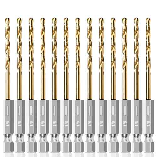 13PC 1/8" Titanium Coated Twist Hex Shank Drill Bit Set, 135 Degree Tip HSS Drill Bit Sets, Impact Driver Drill Bits for Wood, Steel, Metal, Plastic with Quick Change Design