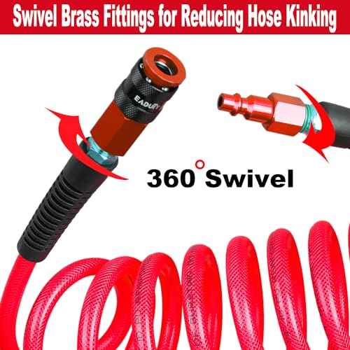 Heavy Duty Reinforced Polyurethane Recoil Air Hose 1/4 in x 10 ft, Lightweight, Flexible Compressor Hose with Universal Quick Coupler, Plug and Bend Restrictors, Red