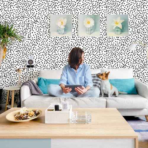 Jeweluck Peel and Stick Wallpaper Polka Dot Wallpaper Stick and Peel 17.7¡± x 118.1¡± Black Dot Contact Paper Decorative Black and White Wall Paper Removable Self Adhesive Vinyl Walls for Bathroom