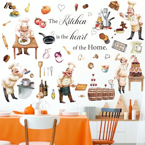 Chinco Chefs Peel and Stick Wall Decals Italian Fat Chefs Cooking Wall Sticker Wine Cake for Kitchen Restaurant Dining Room Home Decoration, 6 Sheets