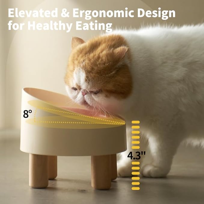 MS!MAKE SURE Ceramic Elevated Cat Bowls with Wooden Stand Set, Adjustable Raised Pet Bowls for Small Dogs & Cats, Anti - Slip Rubber Pad, Leak - Proof, Lead & Cadmium Free, Whisker - Friendly, Pink