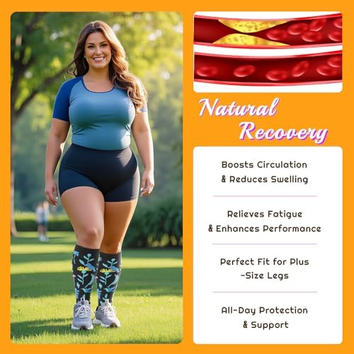 Plus Size Compression Socks for Women & Men 3 Pairs, Wide Calf Extra Large 20-30 mmHg Knee High Support Socks for Travel, Running, Nurse