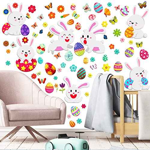 Capoda 103 Pieces 6 Sheets Easter Eggs Bunnies Wall Decal Easter Egg Hunt Games Decals Adorable Bunny Sticker Rabbit Egg Clings for Wall Living Room Bedroom Home Decorations