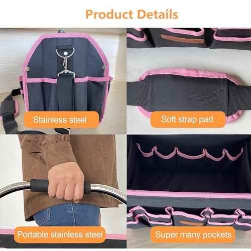 Pink Tool Bag for Women, Pink Tool Box for Women, Ladies Tool Tote Bag with Handle, Bolso De Herramientas, Womens Tool Bag with 21 External Pockets, Tool Bags for Women Ladder Tool Caddy