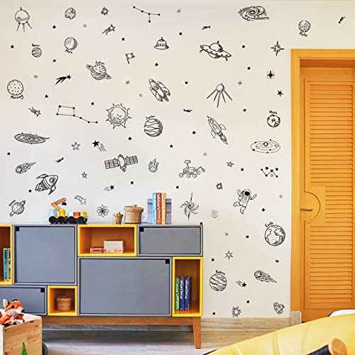 Maydahui Outer Space Stars Planets Wall Stickers Rockets Astronaut Vinyl Wall Decals (47 x 51 Inch) Peel Stick Removable Boys Room Wall Decor Decals for Kids Bedroom Nursery Classroom (Black)
