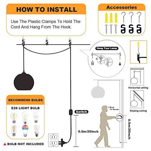 Plug in Glass Pendant Light Mid-Century Modern Striped Amber Glass Hanging Ceiling Lighting Fixture with 14.7FT Cord, Globe Decor Chandelier For Living Room, Bedroom, Dining Hall, Kitchen (Amber)