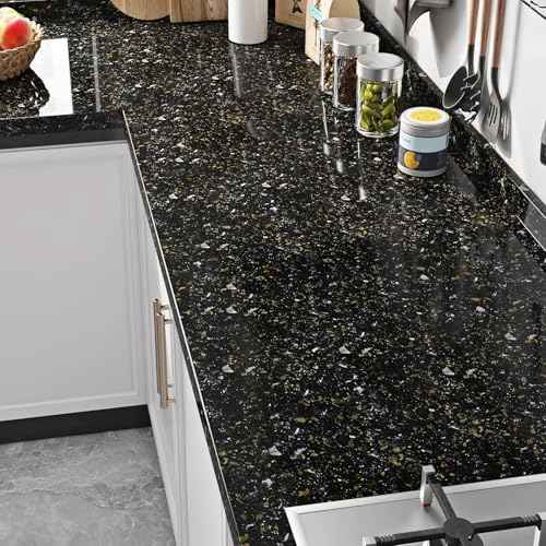 Livelynine Black and Gold Granite Contact Paper for Countertops Waterproof Counter Top Covers Renter Friendly Countertop Peel and Stick Wallpaper Kitchen Vinyl Wrap Bathroom Sink Table Desk 15.8x78.8