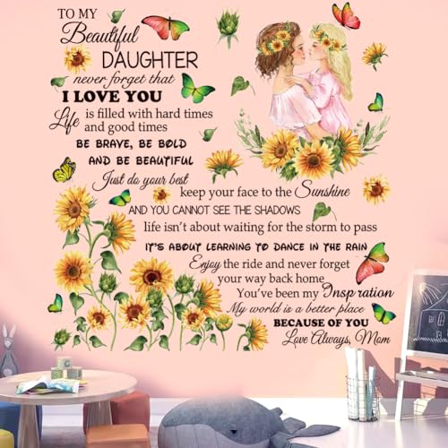Inspirational Quote Decal for Daughter - Removable Peel & Sticker Vinyl Wall Sticker, Floral Theme for Bedroom, Playroom, Living Room - Yellow