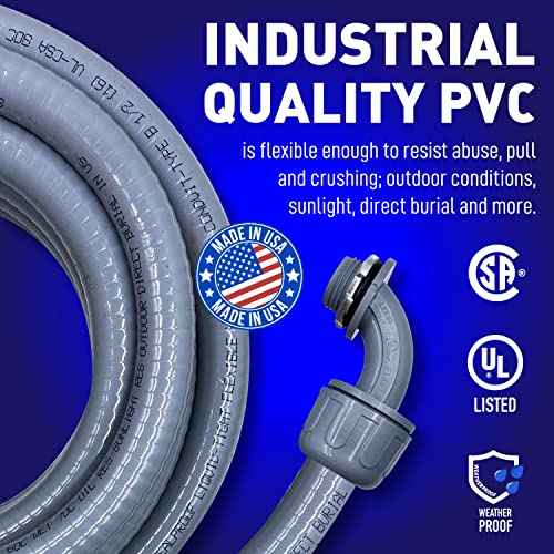 Sealproof 3/4-Inch Non-metallic Liquid-Tight Conduit and Connector Kit, 50 Foot Made in USA Flexible Electrical Conduit Type B with 5 Straight and 3 90-Degree Conduit Connector Fittings, 0.75" Dia