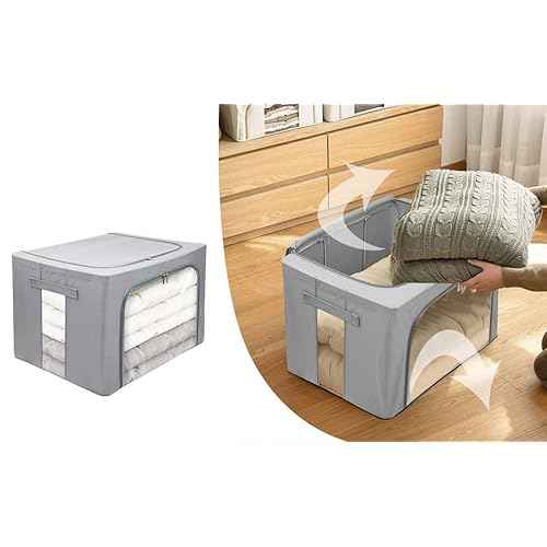 Stackable Clothes Storage Box for Clothing Gadgets,Steel Frame Storage Bins for Toys Gift,Foldable Oxford Fabric Closet Organizer Bag Set with Carry Handles Clear Window (Large- 66L x3 Pack, Grey)