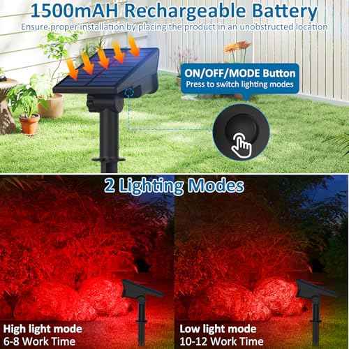 T-SUNUS Christmas Red Solar Lights for Outside IP65 Waterproof Auto On/Off Adjustable Landscape Spot Lighting Garden Spotlight Outdoor Tree Pathway Yard Driveway Wall Patio Lawn Flag Halloween 4 Pack