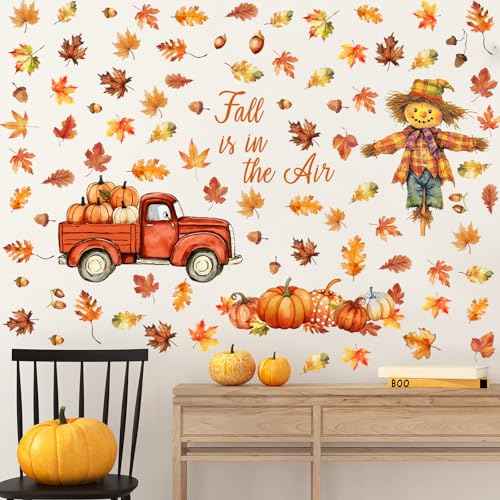125 Pcs / 6 Sheet Thanksgiving Wall Decals Watercolor Truck Pumpkin Maple Leaves Scarecrow Wall Decals for Fall Thanksgiving Day Home Autumn Harvest Party Living School Office Party