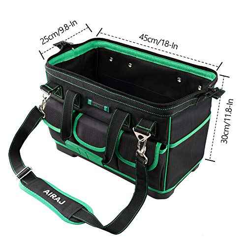 AIRAJ Tool Bag 18 Inch,Wide Mouth Tool Bags for Men Heavy Duty With Waterproof Molded Base,Tools Organizer for Home Repairs,Garage Storage,Professional Work,Adjustable Shoulder Strap,Green