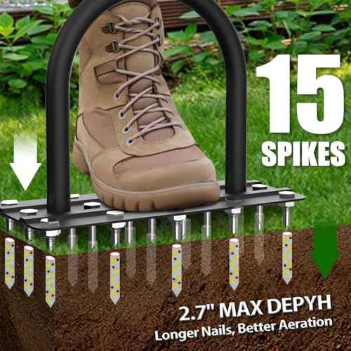 Lawn Aerator Spike Tool - Manual Grass Aerator with 15 Iron Spikes, Pre-Assembled Yard Aerator for Core Aeration, Heavy Duty T-Handle & Wide Foot Plate for Lawn Yard & Garden (Glossy Black)