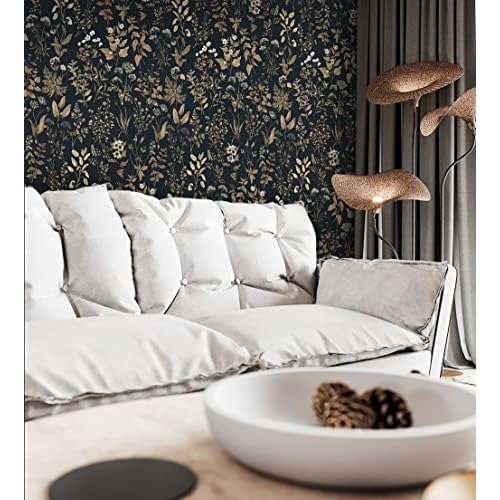 Dimoon 78.7"x16.1" Delicate Floral Peel and Stick Wallpaper Black Golden Thicken Waterproof Leaf Vintage Flower Contact Paper Self Adhesive Wallpaper Removable, Shelf Liner Decal Vinyl Roll