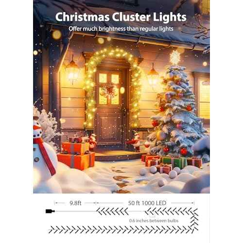 Brightown 50 Ft 1000 LED Christmas Cluster Lights Outdoor, White Wire LED Decorative Christmas Tree Lights with Remote & 12 Modes, Waterproof String Lights for Xmas Party Garden Decor, Warm White