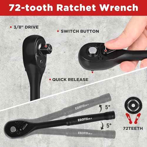 3/8" Drive Impact Socket Set, 90 Piece Metric Socket (6-22mm) and Standard SAE Size (5/16-15/16 inch) 6 Point, with 72-Teeth Ratchet Wrench, Mechanics Tool Kit for Automotive Repair