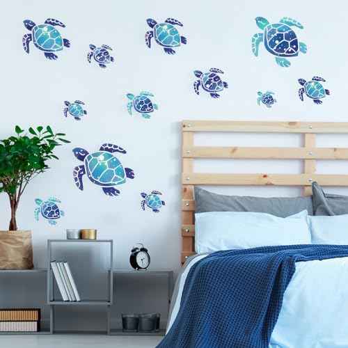 12 Pcs Sea Turtle Wall Decals, Ocean Turtle Vinyl Stickers Underwater Bathroom Decal, Waterproof Wall Sticker Removable Turtles Decals for Bathroom Bedroom Toilet Nursery Room Decoration