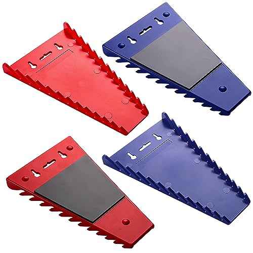 ALOANES 48-Slot Magnetic Wrench Organizer, Wrench Organizer Tray for Tool Box&Wall Mounted, Wrench Holder Fit SAE & Metric Wrench Storage, 4 Pack(Red&Blue)