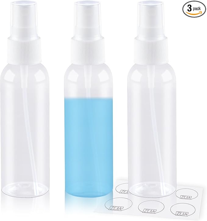 Small Spray Bottles 2OZ, Plastic Travel Spray Bottle, Refillable Mini Spray Bottle for Face, Liquids, Perfume, with Labels (3 Pack)