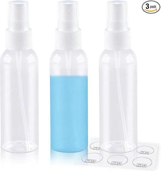 Small Spray Bottles 2OZ, Plastic Travel Spray Bottle, Refillable Mini Spray Bottle for Face, Liquids, Perfume, with Labels (3 Pack)