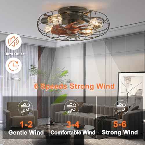 Small Caged Ceiling Fan with Light, Farmhouse Rustic Flush Mount Ceiling Fans with Lights and Remote, Bladeless Low Profile Enclosed Ceiling Fan with Light for Kitchen, Bedroom, Black