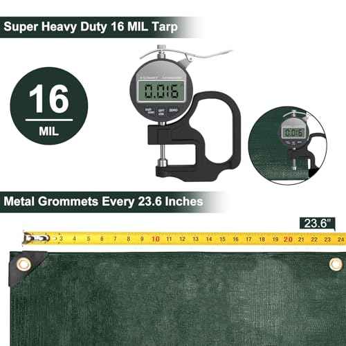 Tarp 10x20 Feet, 16 Mil Large Waterproof Tarps Heavy Duty with Brass Grommets, Thick Plastic Tarp, UV Resistant Tear&Fade Resistant, Reinforced Edges for Outdoor Pool Car Camp Tent