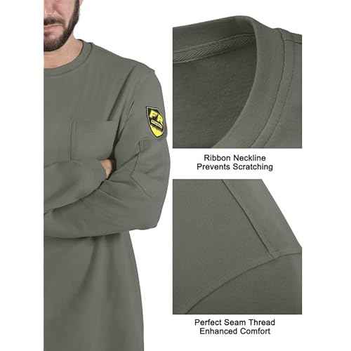 FR Shirts for Men,5.5oz/7.1oz Round Neck Flame Resistant Long Sleeve Shirts, 100% Cotton Workwear FR Clothing for Men