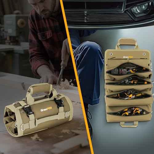 Tool Bag Roll Up, Tool Roll Portable Foldable Tool Storage with 2 Detachable Pouches, Soft Rollable Tool Pouch for Mechanics, Electricians, DIY, Gifts for Dad, Men Birthday Gift, Khaki
