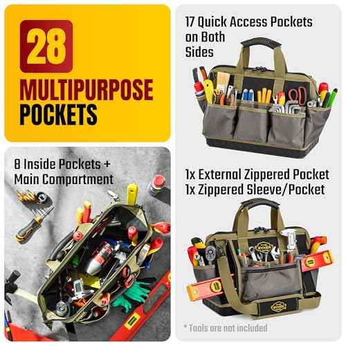 The Ryker 16-inch Large Tool Bag Heavy Duty Tool Bag Organizer for Men/Women 28pockets Portable Utility Bags for Tools - Toolbag Organizers Electrician Tools Bags for men Heavy Duty