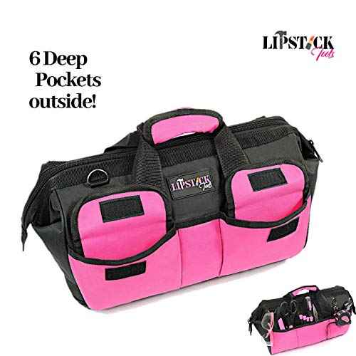 18-Inch Multi-Purpose Zip-Top Pink Storage Wide Mouth Tool Bag Organizer. Great for Home Improvement/Contractors Tools. Heavy Duty Storage Pockets and Shoulder Strap.