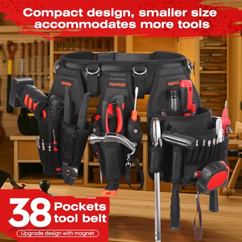 Tool Belt for men | 38-Pockets Heavy Duty Padded Tool Belts | With Suspenders | Detachable & Adjustable Tool Pouch Bag | Electrician,Carpenter,Construction,Framers,Carpenter,Roofing