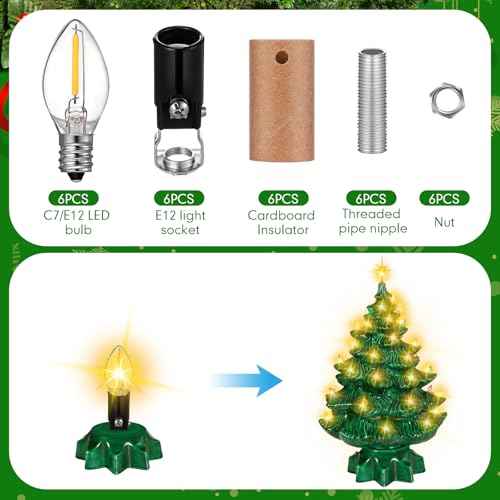 Honoson 6 Pack Small Christmas Tree Wiring Kit with LED Bulb, Ceramic Christmas Tree Replacement Lights, E12 Candelabra Base, Lamp Wiring Kit Nice for Desk Lamp Lighting and DIY Projects