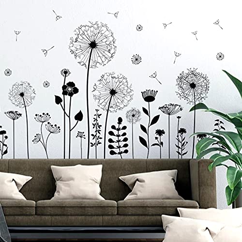 Large Dandelion Wall Stickers, Attractive Flying Flowers Wall Decals, Removable Plants Wall D?cor, DIY Art Mural Vinyl for Bedroom Living Room Sofa Backdrop Classroom Decoration (Black)