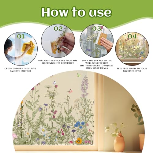 Poppy Flower Wall Stickers Bird Butterfly Wall Decor Decals Peel and Stick Floral Wall Home Glass Window Art Decor for Bedroom Living Room Offices Home Decoration