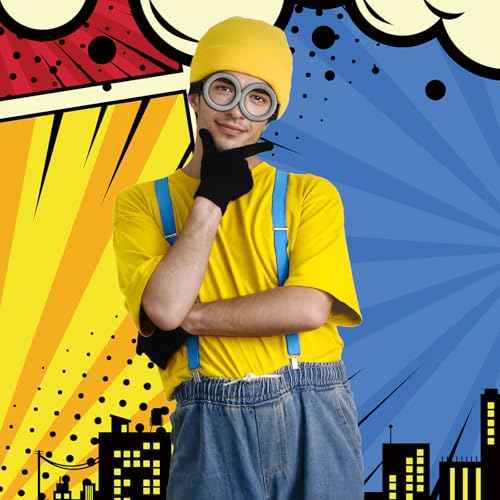 4Pcs Costume Accessories Adult Steampunk Goggles Glasses Blue Y-Back Suspenders Yellow Beanie Hats Black Gloves Perfect for Birthday Party and Halloween Cosplay Party